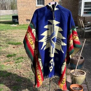 Navy Aztec Hooded Wool-Blend Poncho Cape